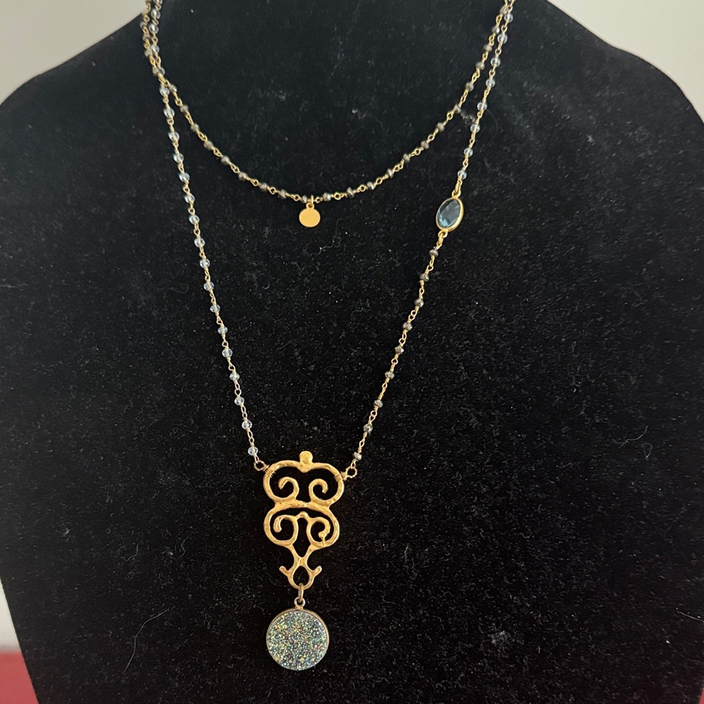 Caroline Paige Gold Tone Double Layer Necklace with Iridescent Pendant